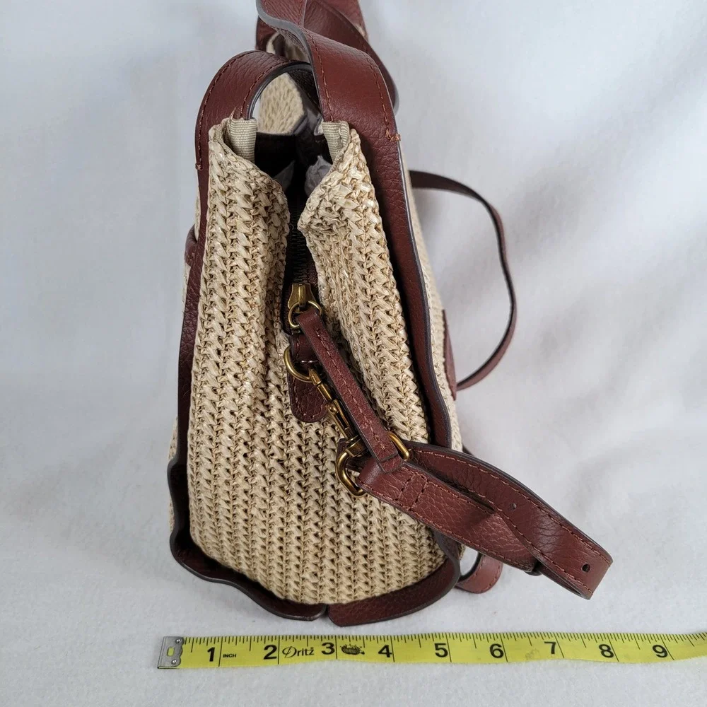 American Leather Co Womens Triple Entry Satchel Raffia Leather Bag Medium Tan